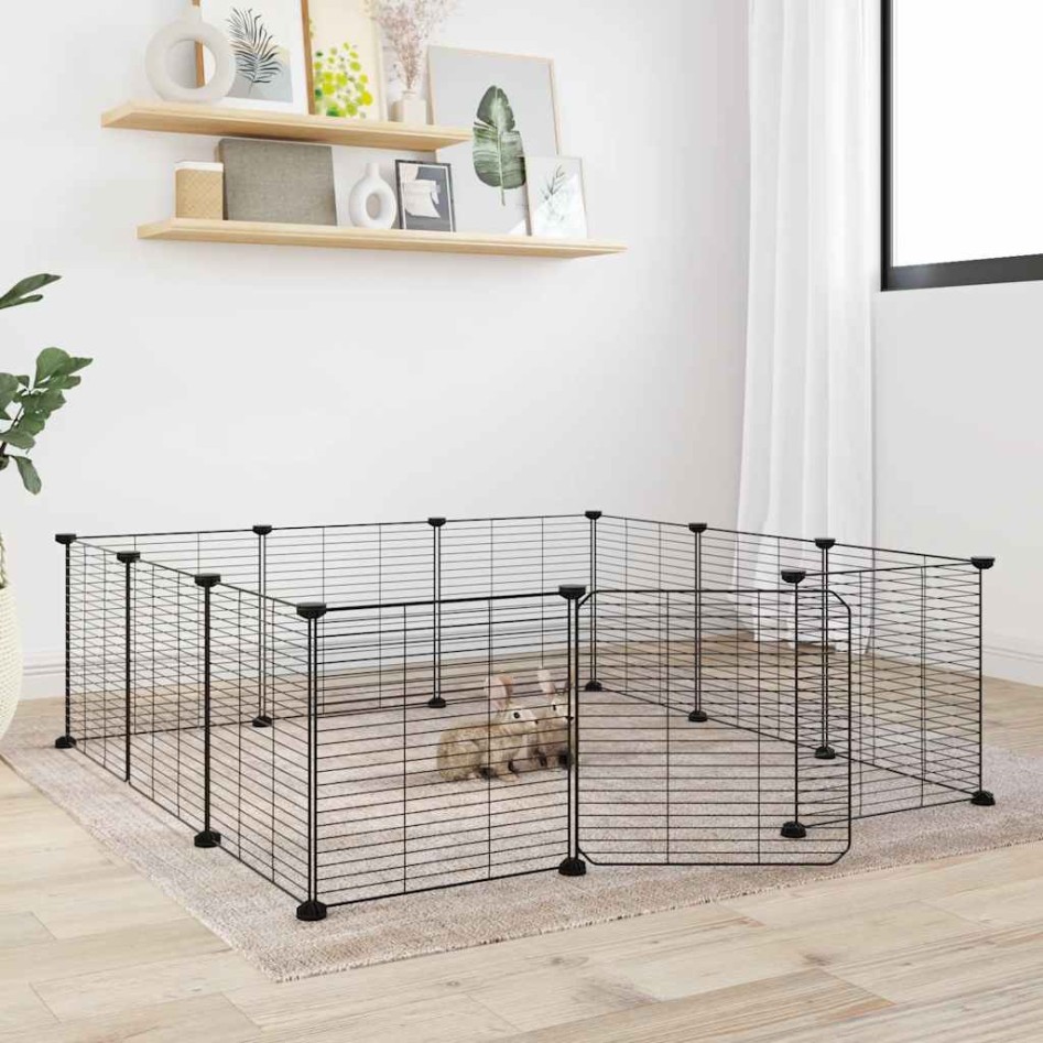 Jaula para mascotas de 12 paneles puerta acero negro