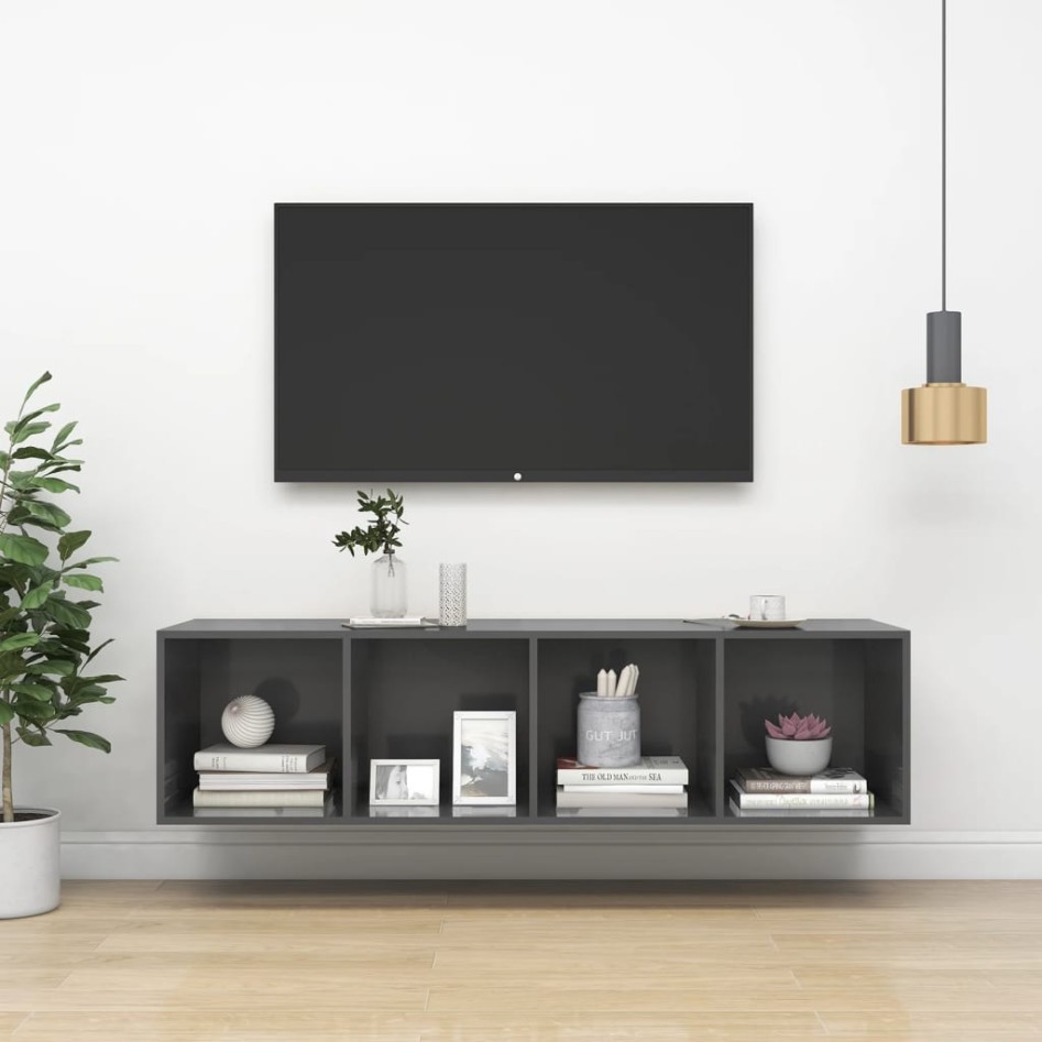 Mueble TV pared madera contrachapada gris brillo 37x37x142,5