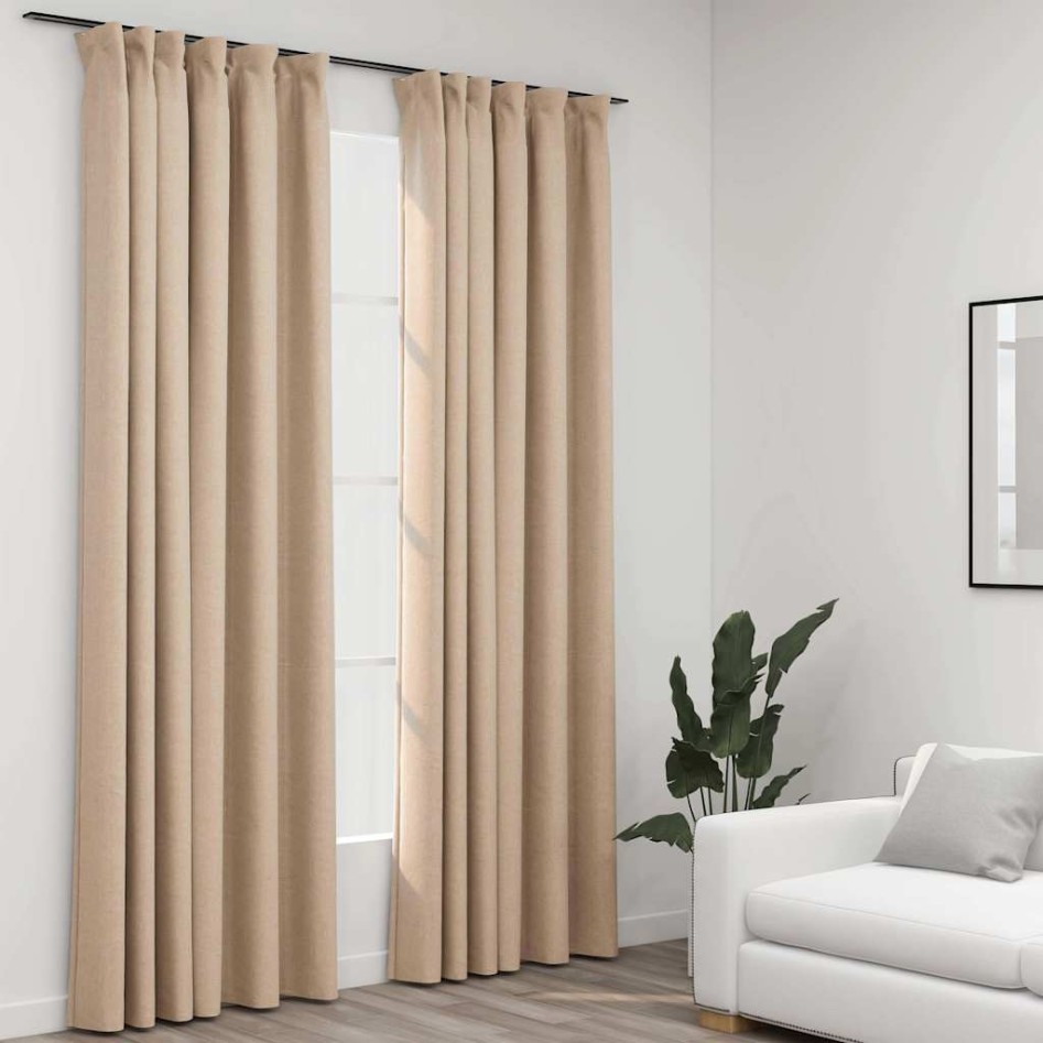 Cortinas opacas con ganchos look de lino 2 pzas beige