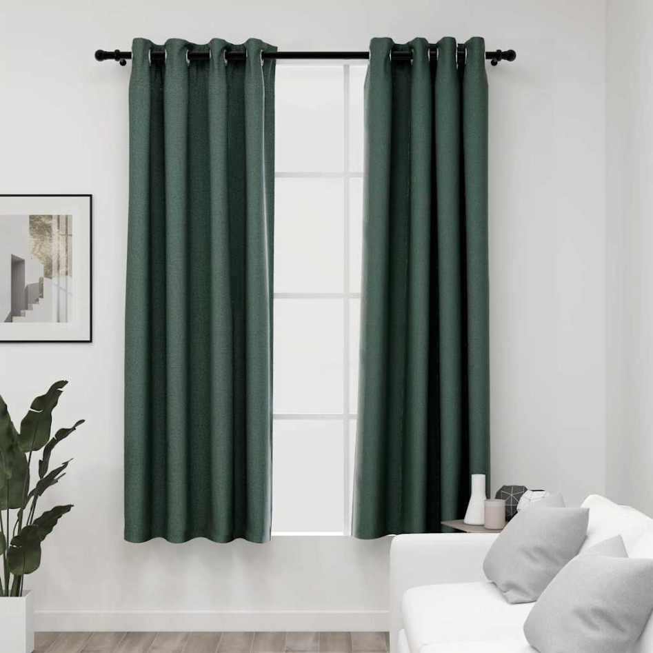 Cortinas opacas con ojales look de lino 2 pzas verde 140x175