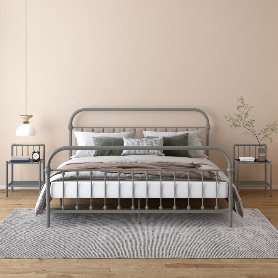 Mesitas de noche 2 unidades metal y vidrio gris y