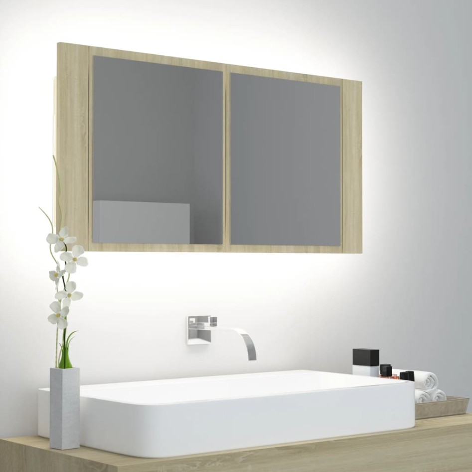 Armario espejo de baño LED acrílico roble Sonoma 90x12x45