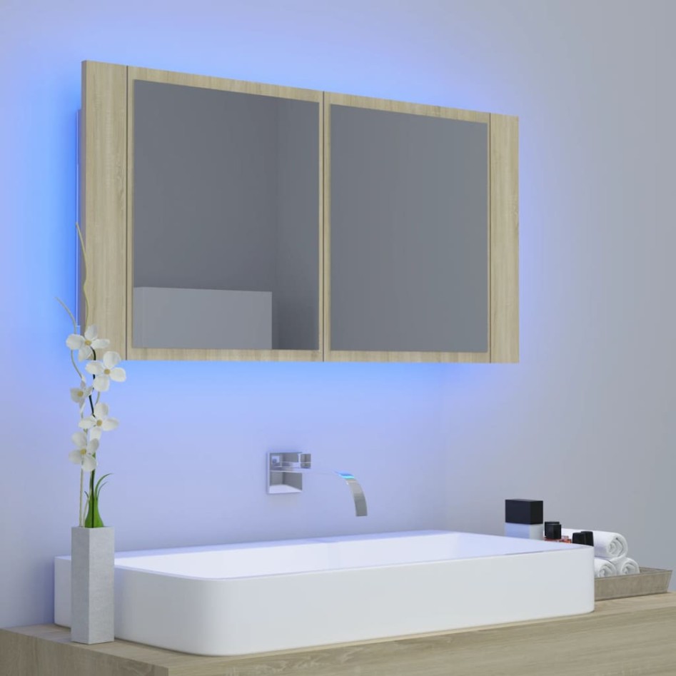 Armario espejo de baño LED acrílico roble Sonoma 90x12x45