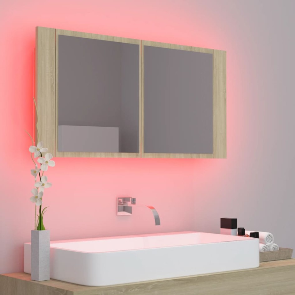 Armario espejo de baño LED acrílico roble Sonoma 90x12x45
