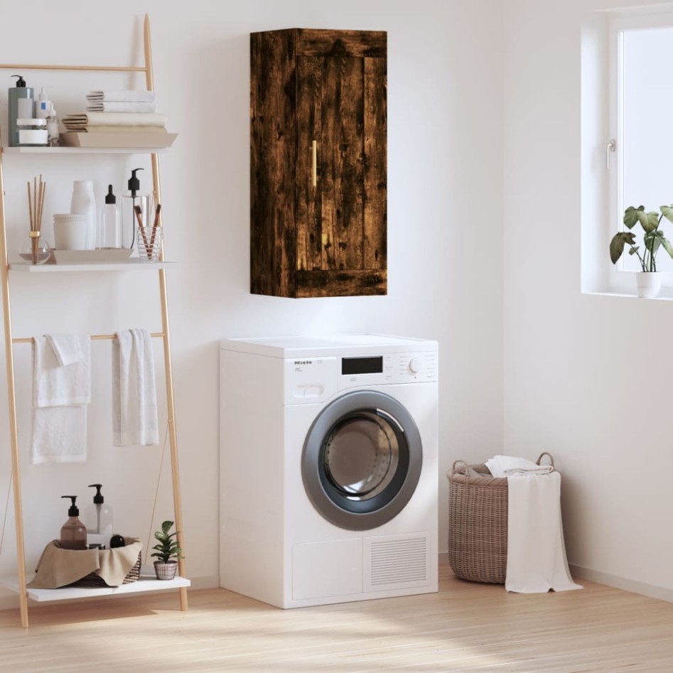 Armario de pared madera ingeniería roble ahumado 34,5x34x90