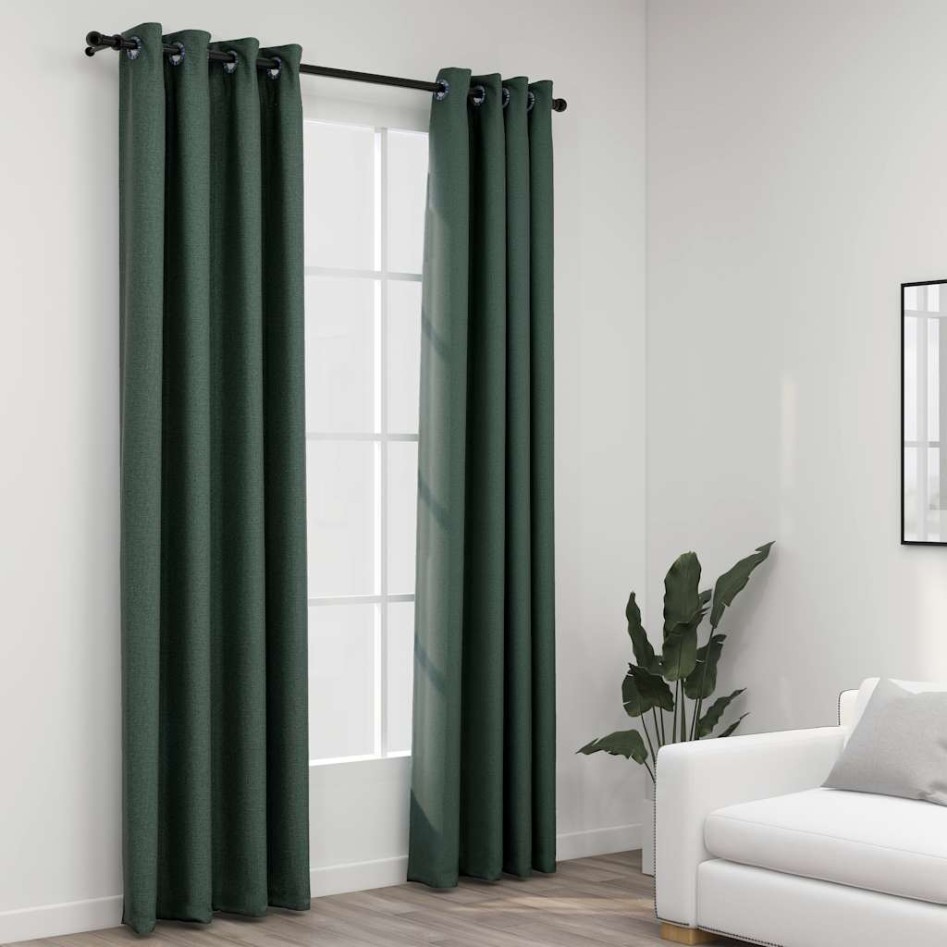 Cortinas opacas con ojales look de lino 2 pzas verde 140x245