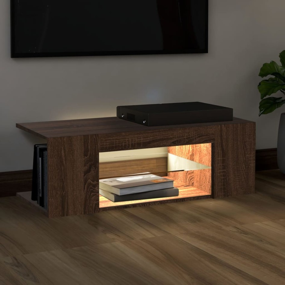 Mueble de TV con luces LED color roble marrón 90x39x30