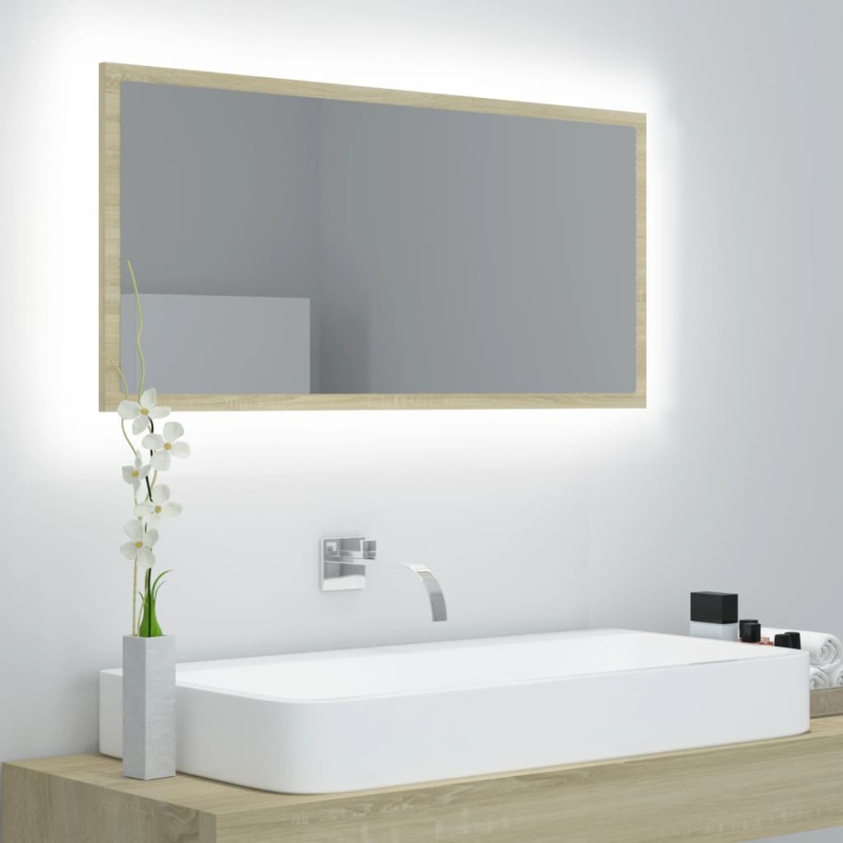 Espejo de baño LED acrílico color roble Sonoma 90x8,5x37