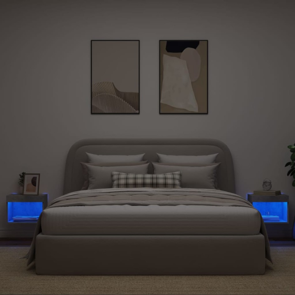 Mesitas de noche de pared con luces LED 2 uds gris