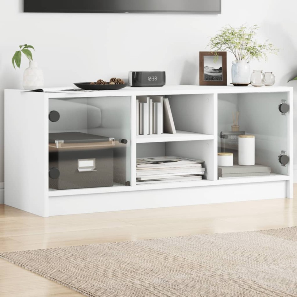 Mueble de TV con puertas de vidrio blanco 102x37x42