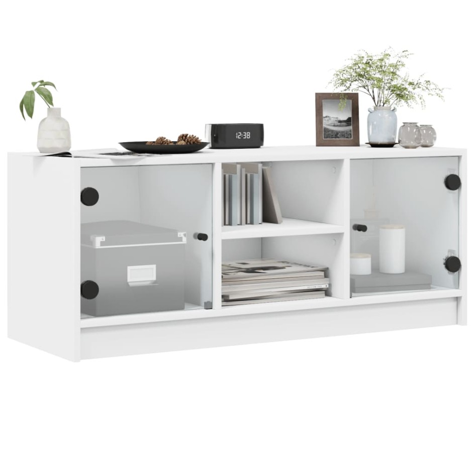 Mueble de TV con puertas de vidrio blanco 102x37x42