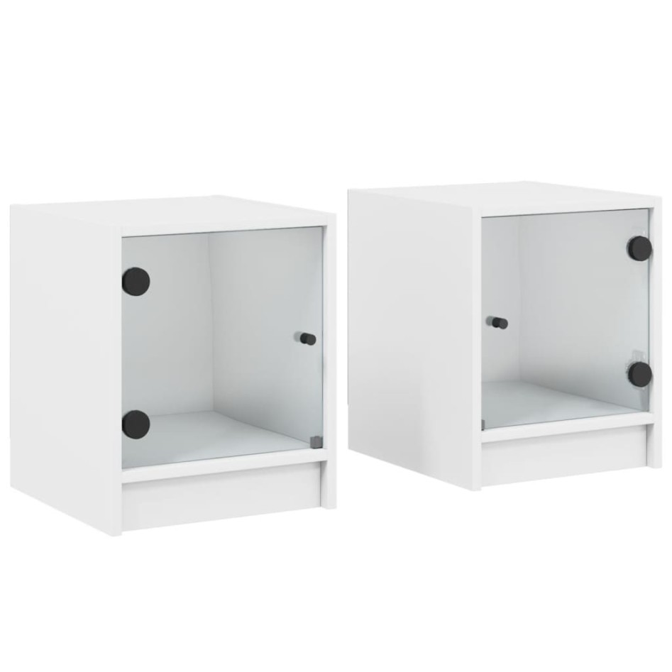 Mesitas de noche con puertas de vidrio 2 uds blanco 35x37x42