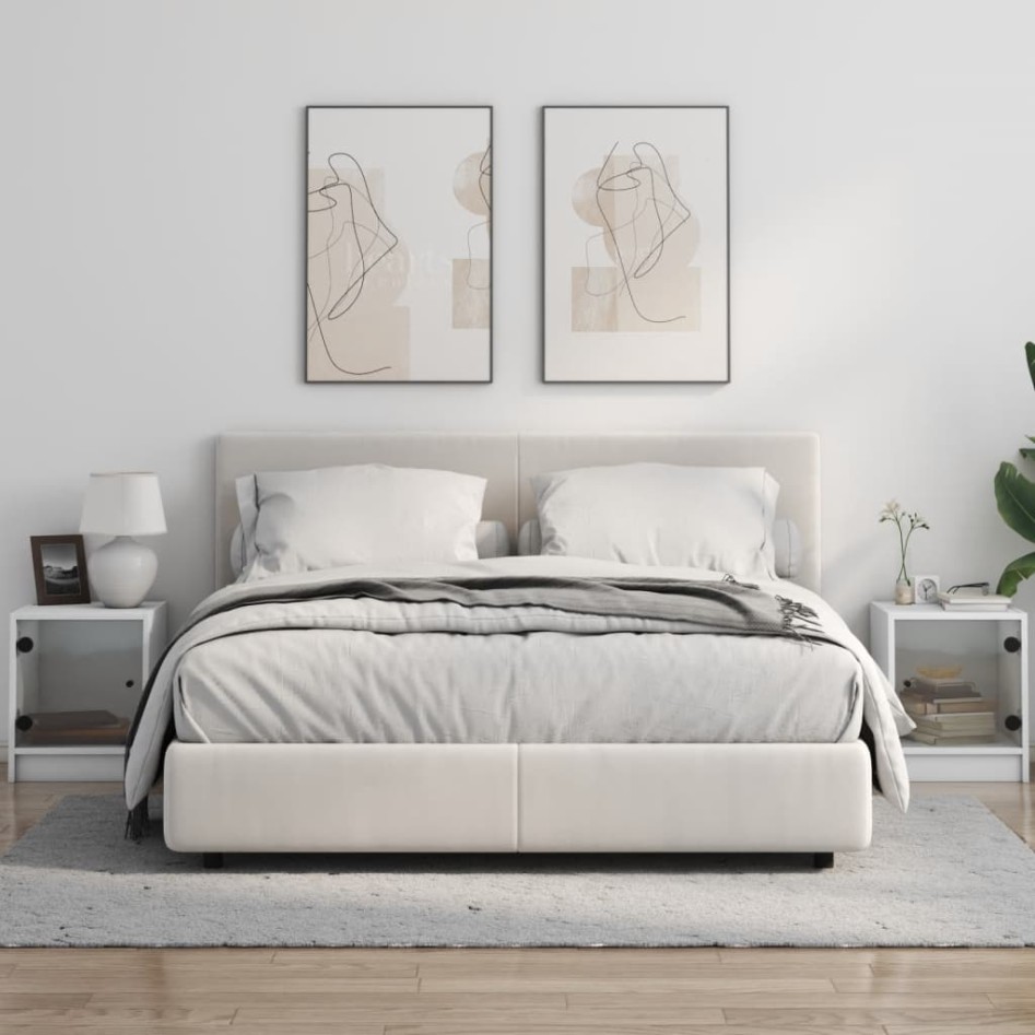 Mesitas de noche con puertas de vidrio 2 uds blanco 35x37x42