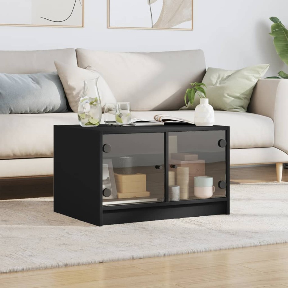 Mesa de centro con puertas de vidrio negra 68x50x42