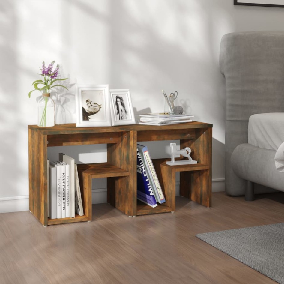 Mesita de noche 2 uds contrachapado roble ahumado