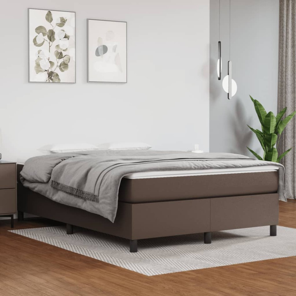 Estructura de cama box spring cuero sintético marrón 140x200