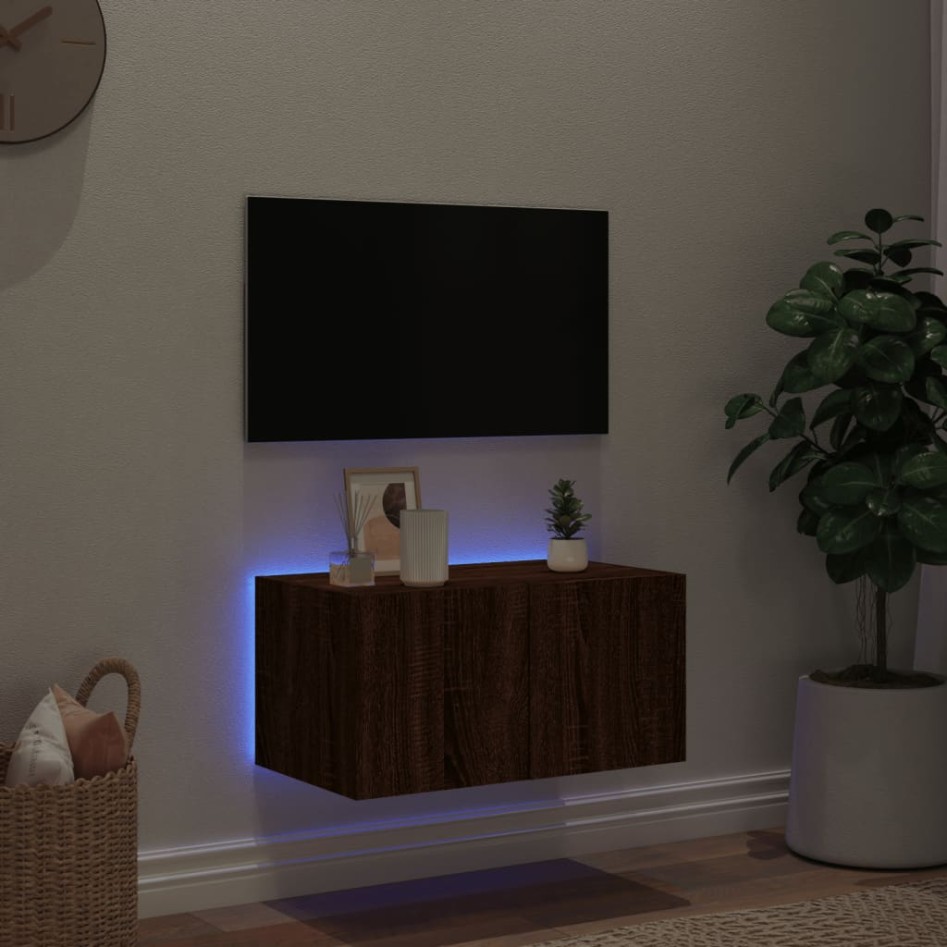 Mueble de TV de pared con luces LED roble marrón 60x35x31