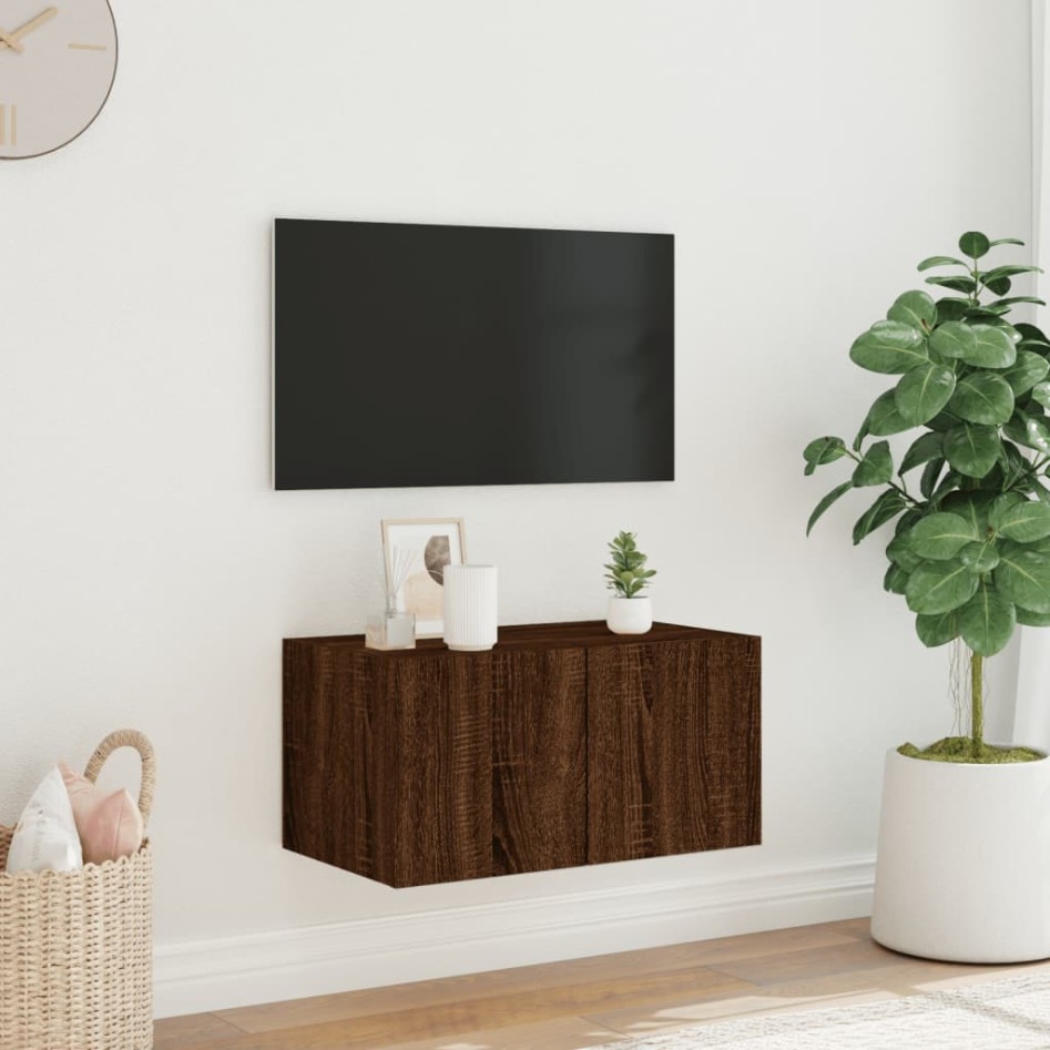 Mueble de TV de pared con luces LED roble marrón 60x35x31