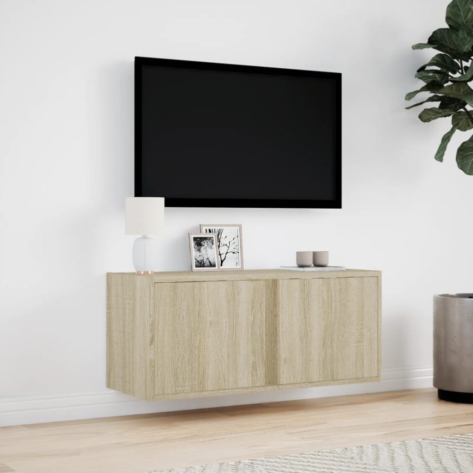 Mueble de TV de pared con luces LED roble Sonoma 80x31x35