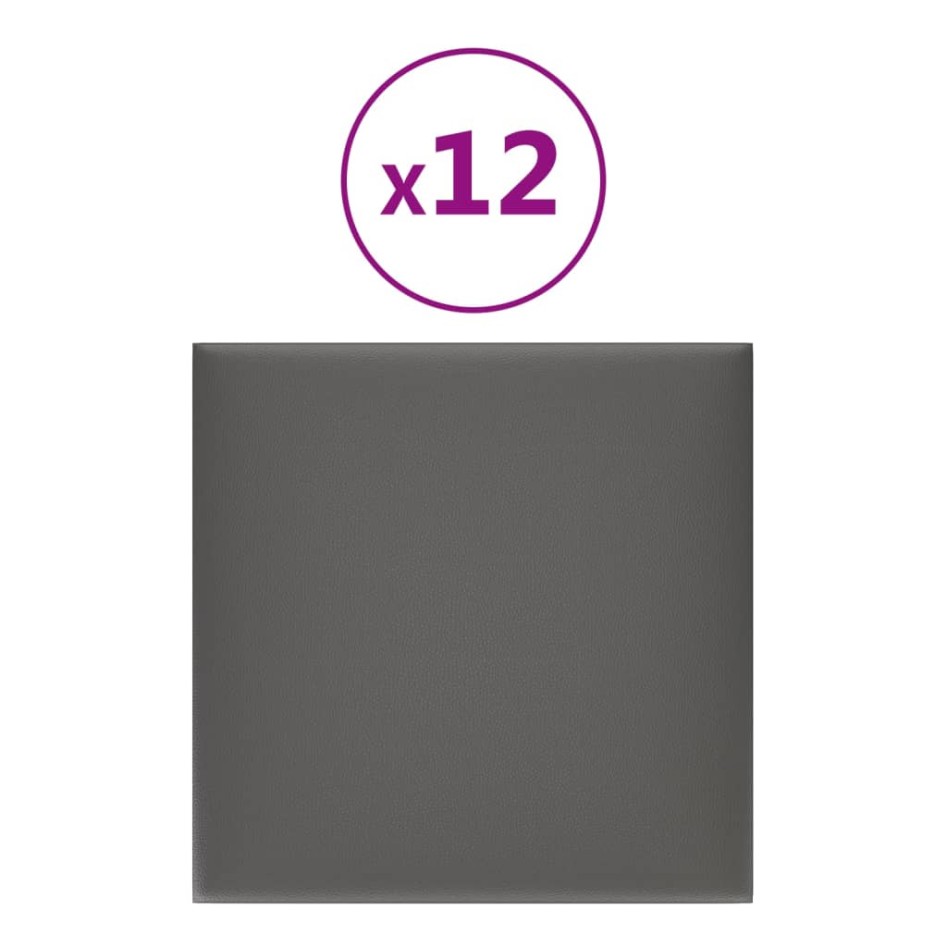 Paneles de pared 12 uds cuero sintético gris 30x30 cm 1,08