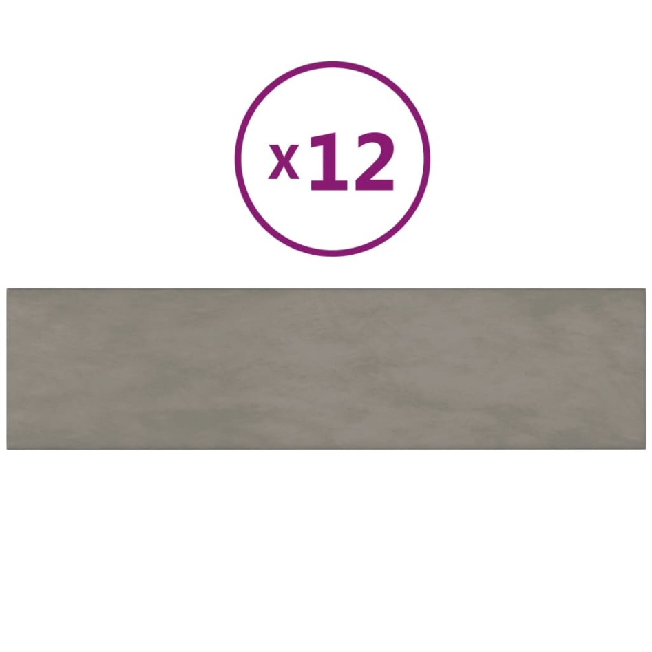Paneles de pared 12 uds terciopelo gris claro 60x15 cm 1,08