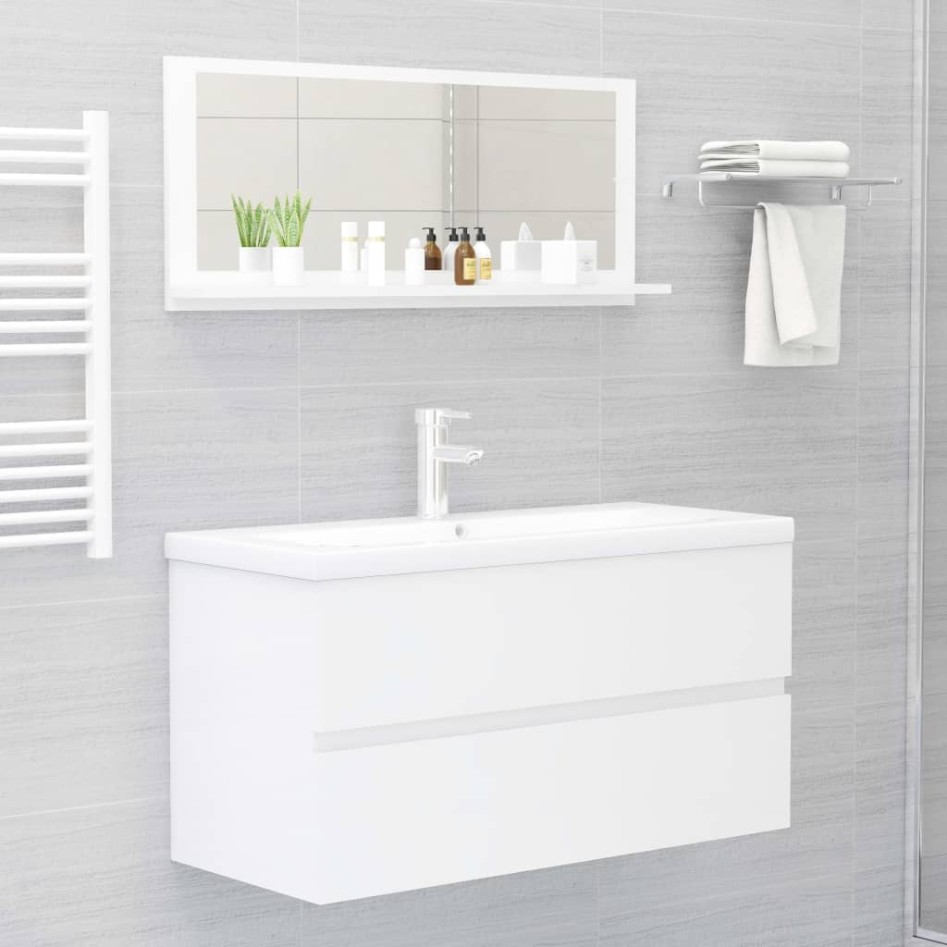 Espejo de baño madera contrachapada blanco brillo 90x10,5x37