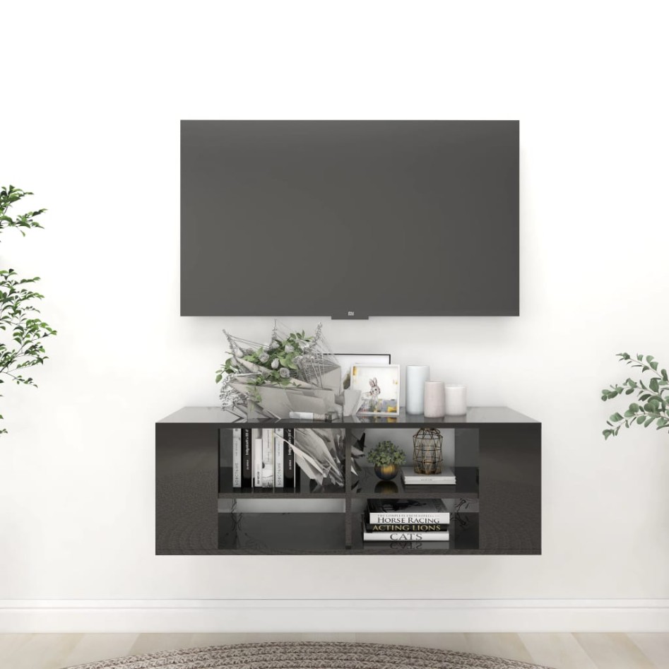Mueble pared TV madera contrachapada negro brillo 102x35x35