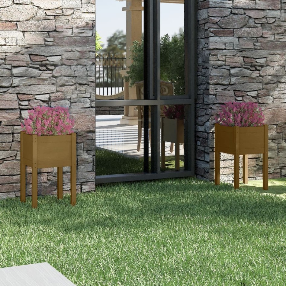 Jardineras 2 uds madera maciza de pino marrón miel  40x40x70