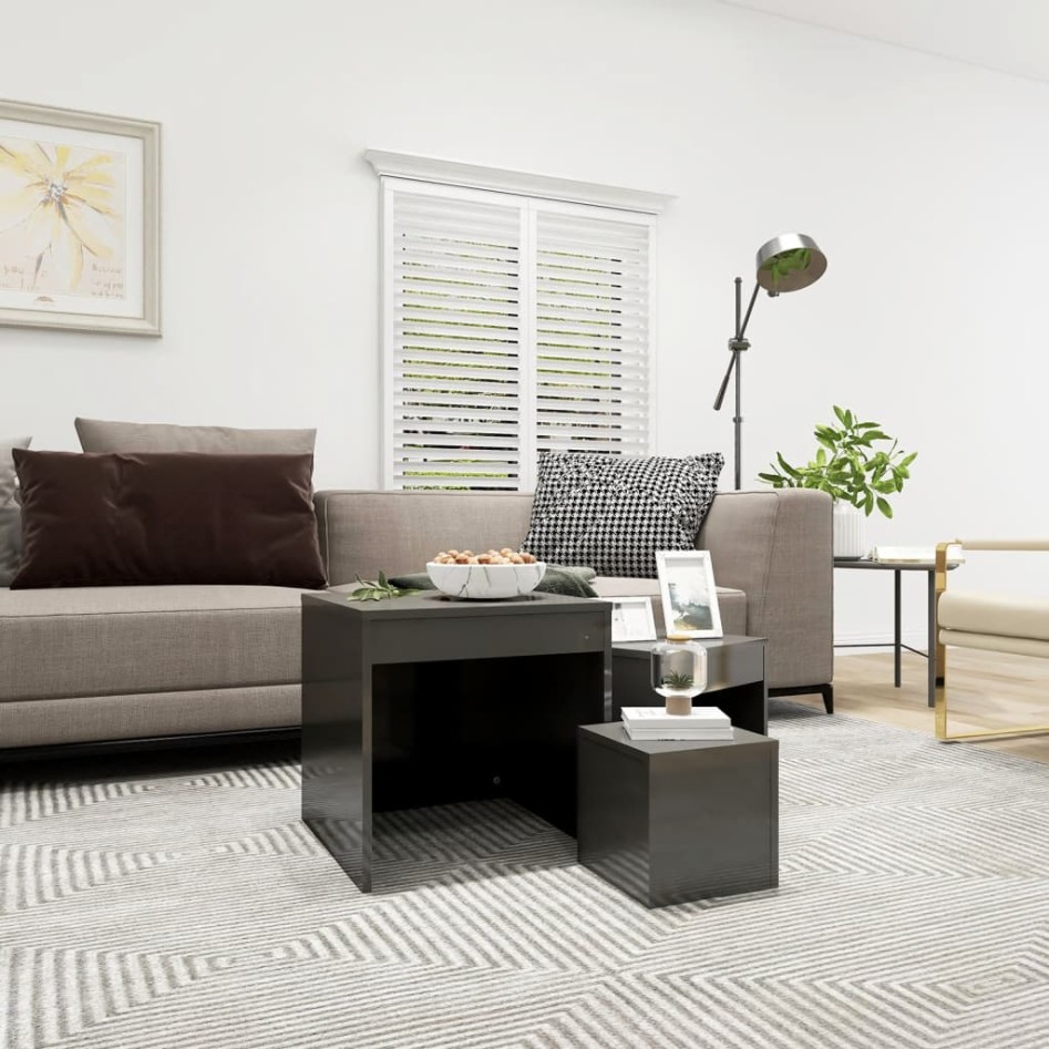 Mesas apilables 3 piezas madera contrachapada gris