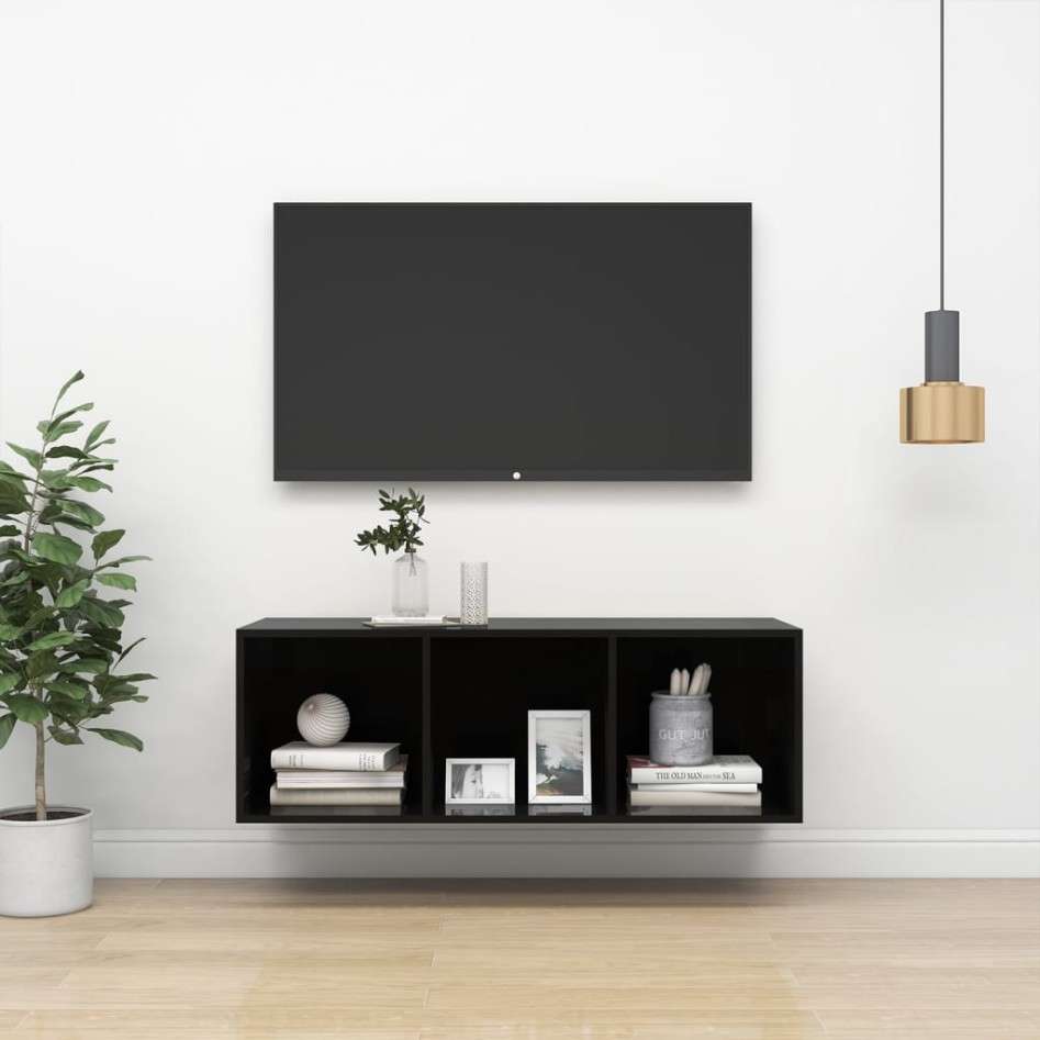 Mueble TV pared madera contrachapada negro brillo