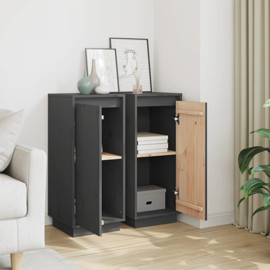 Aparador 2 uds madera maciza de pino gris 31,5x34x75