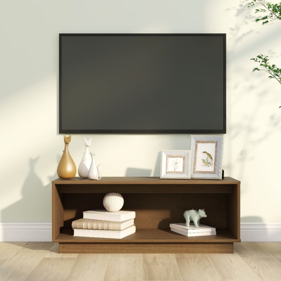 Mueble de TV madera maciza de pino marrón miel 90x35x35