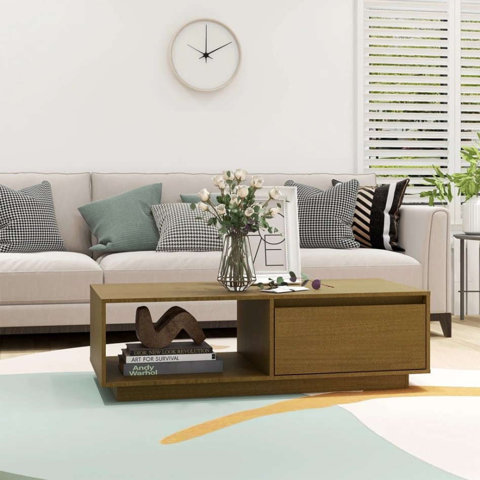 Mesa de centro de madera maciza pino marrón miel 110x50x33,5