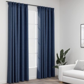 Cortinas opacas con ganchos look de lino 2 pzas azul 140x245
