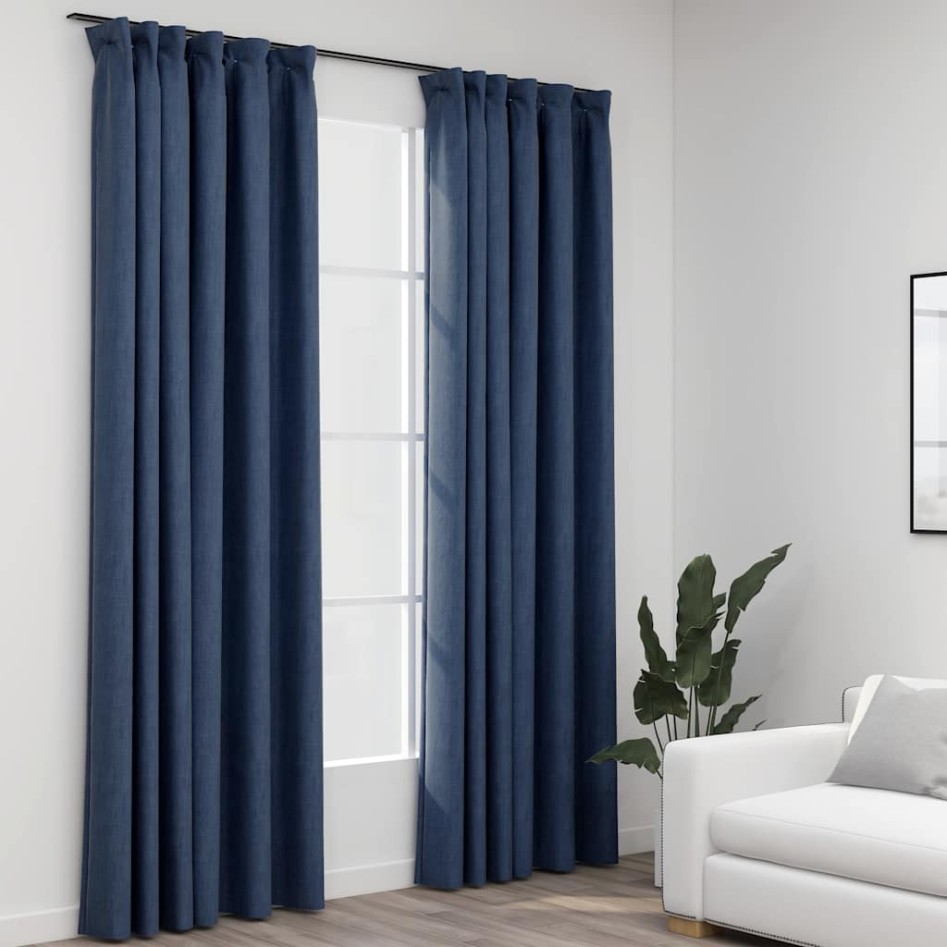 Cortinas opacas con ganchos look de lino 2 pzas azul 140x245