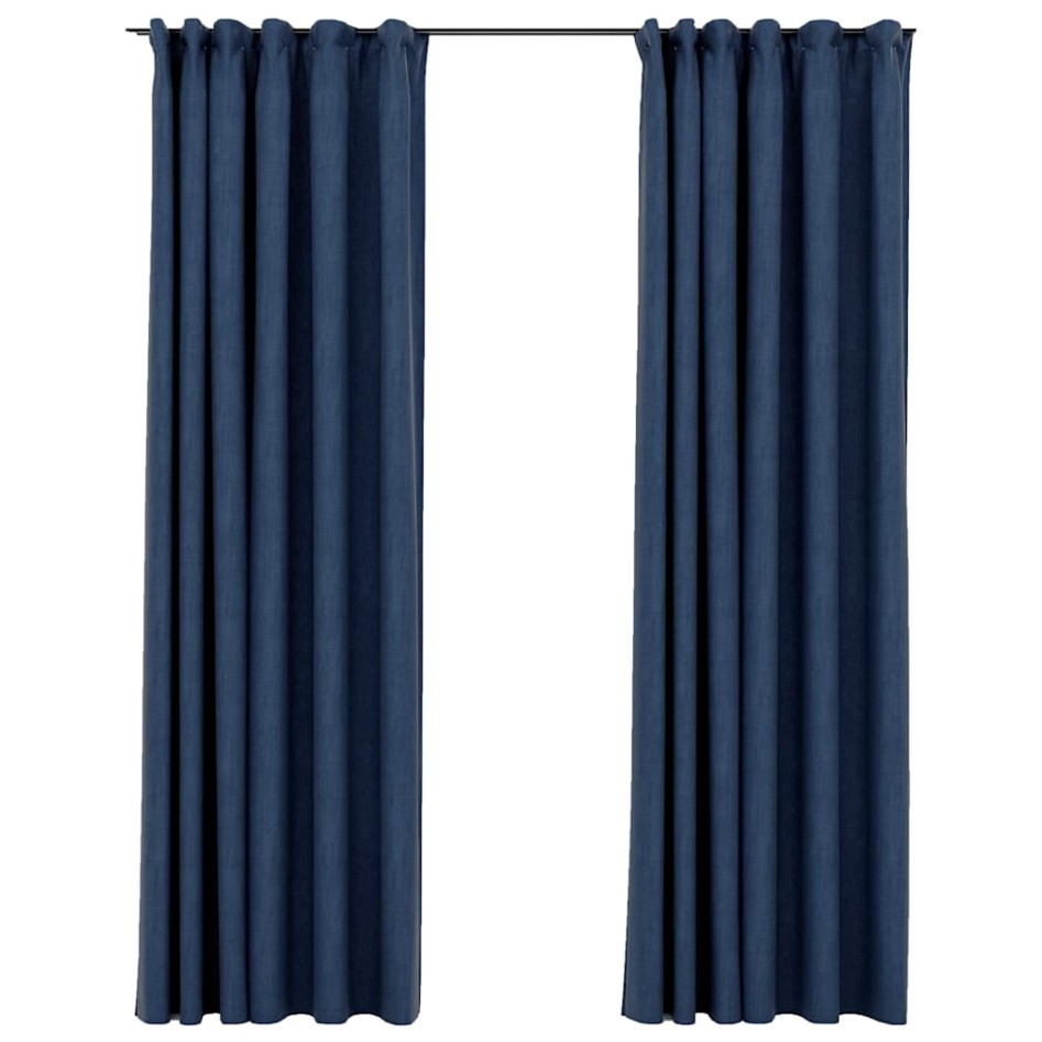 Cortinas opacas con ganchos look de lino 2 pzas azul 140x245