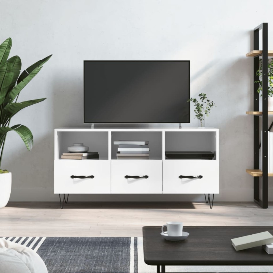 Mueble de TV madera contrachapada blanco brillo 102x36x50