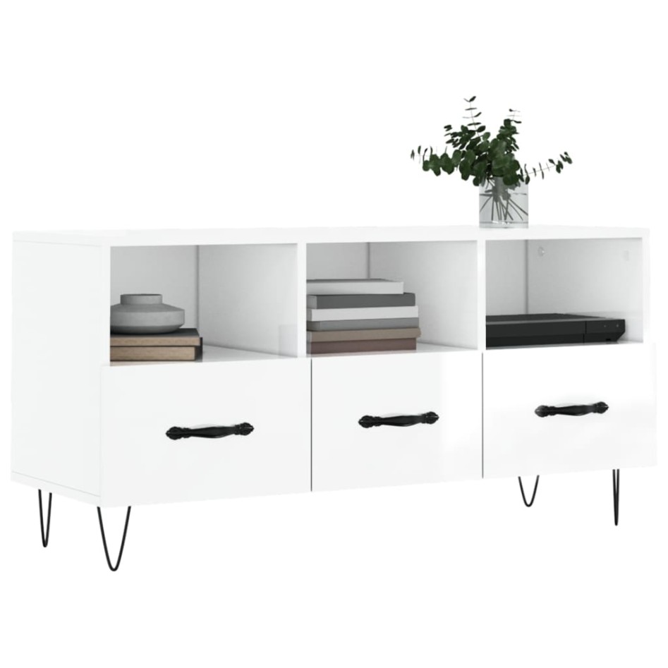 Mueble de TV madera contrachapada blanco brillo 102x36x50
