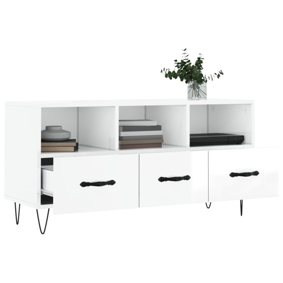 Mueble de TV madera contrachapada blanco brillo 102x36x50