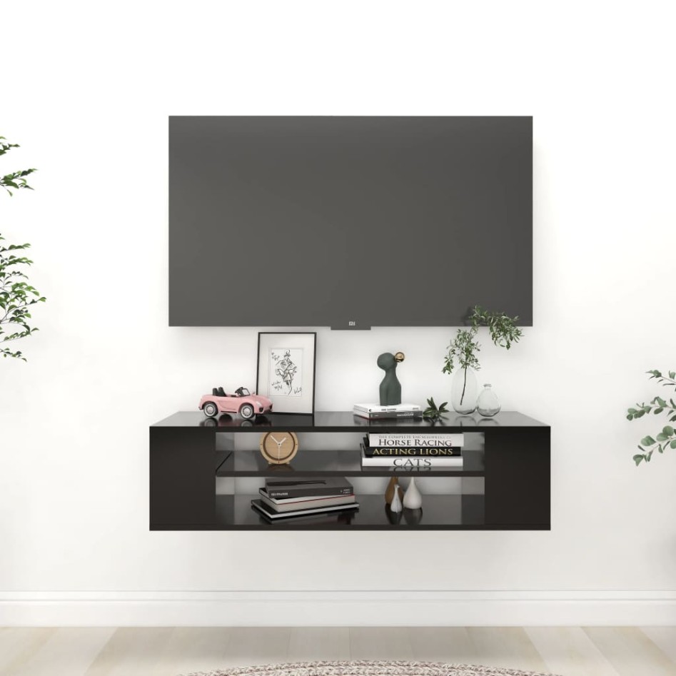 Mueble de TV colgante madera contrachapada negro 100x30x26,5