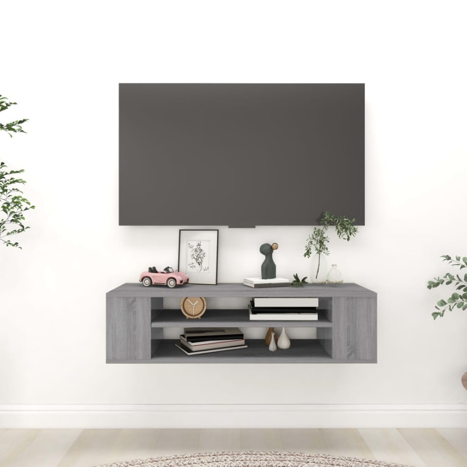 Mueble de TV colgante madera contrachapada gris 100x30x26,5