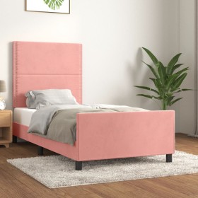 Estructura de cama con cabecero de terciopelo rosa 90x200