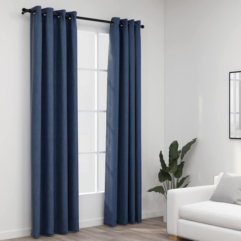 Cortinas opacas con ojales look de lino 2 pzas azul 140x225