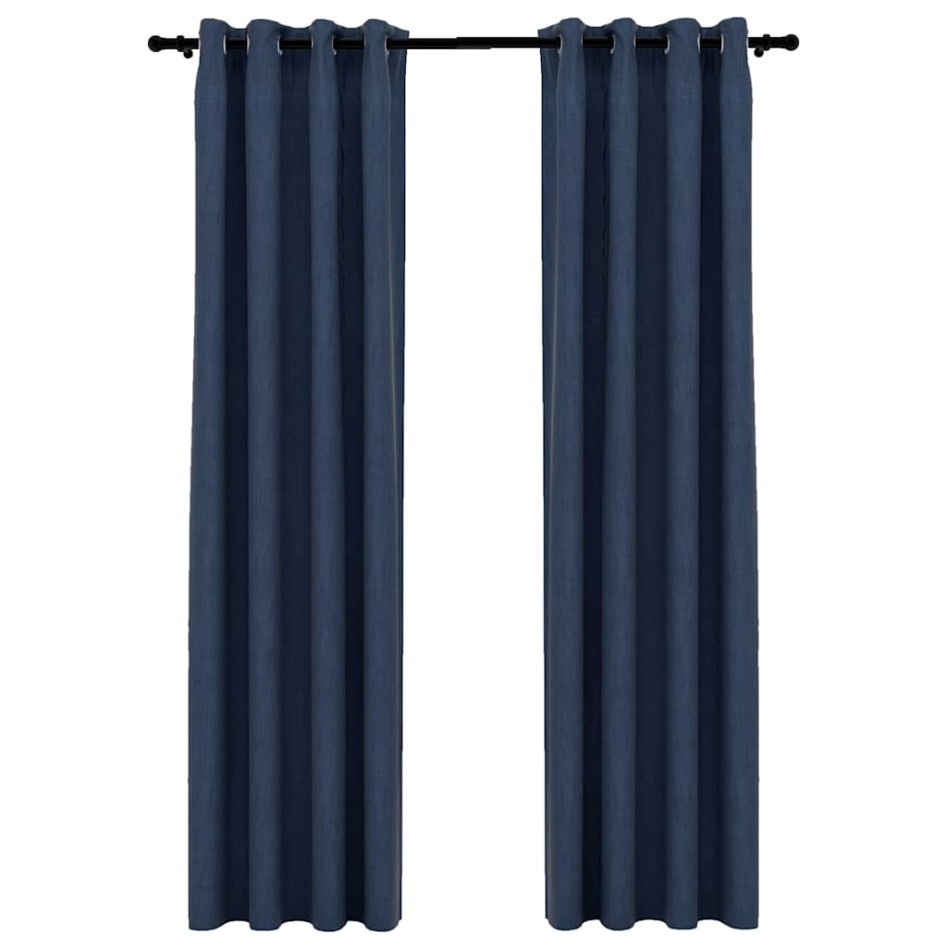 Cortinas opacas con ojales look de lino 2 pzas azul 140x225