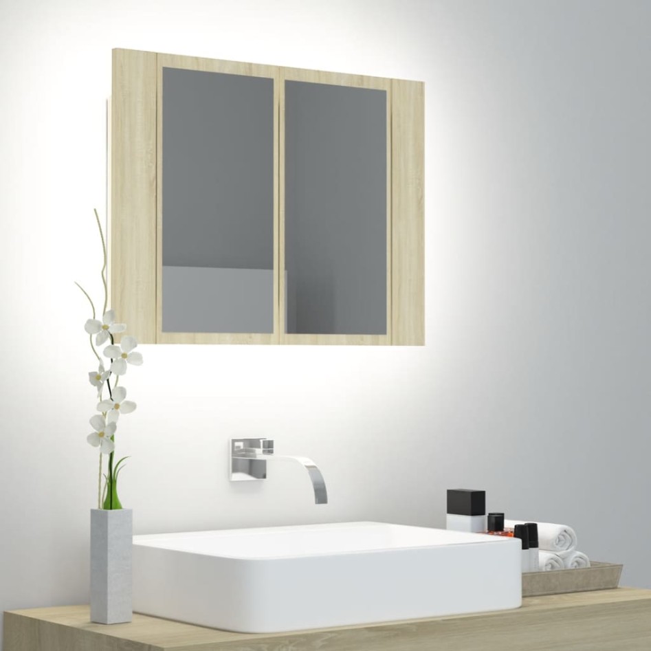 Armario espejo de baño LED acrílico roble Sonoma 60x12x45