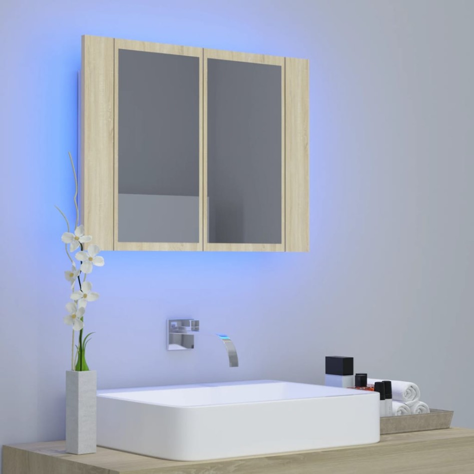 Armario espejo de baño LED acrílico roble Sonoma 60x12x45