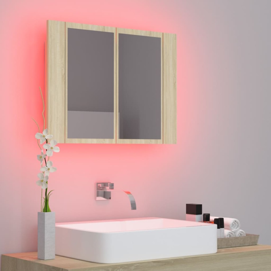 Armario espejo de baño LED acrílico roble Sonoma 60x12x45