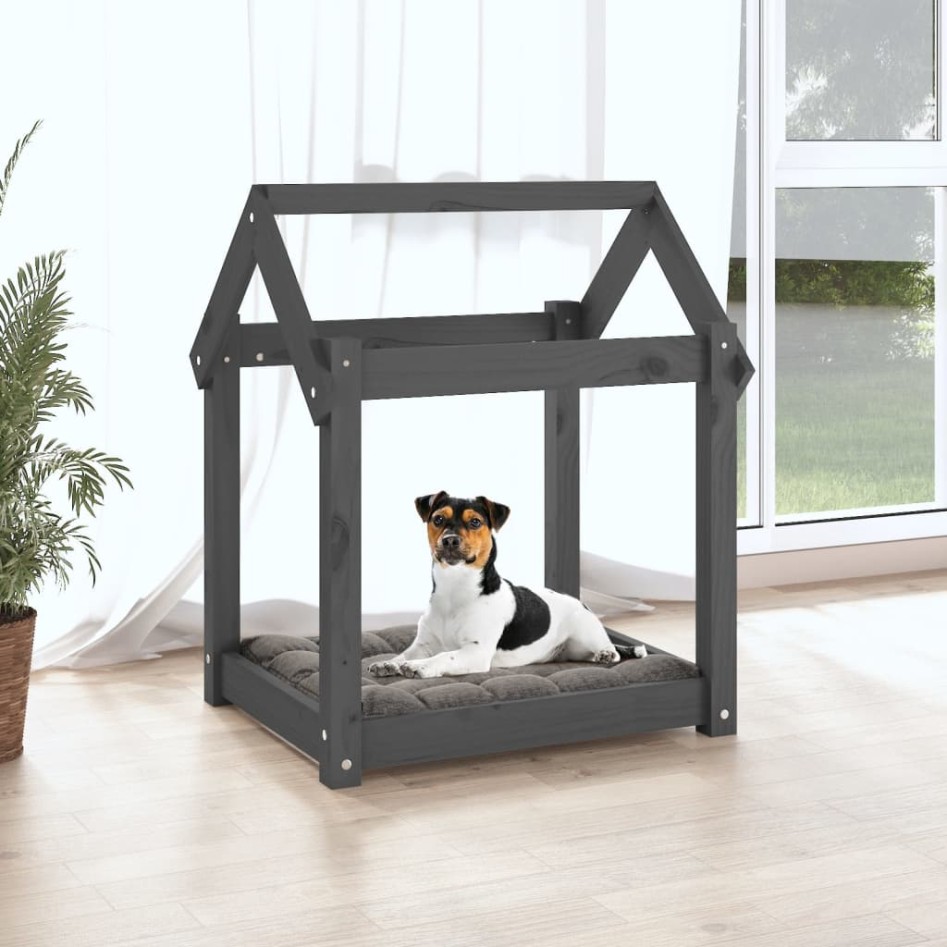 Cama para perros madera maciza de pino gris 61x50x70