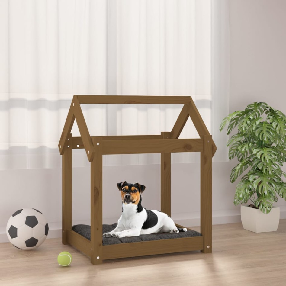 Cama para perros madera maciza pino marrón miel 61x50x70