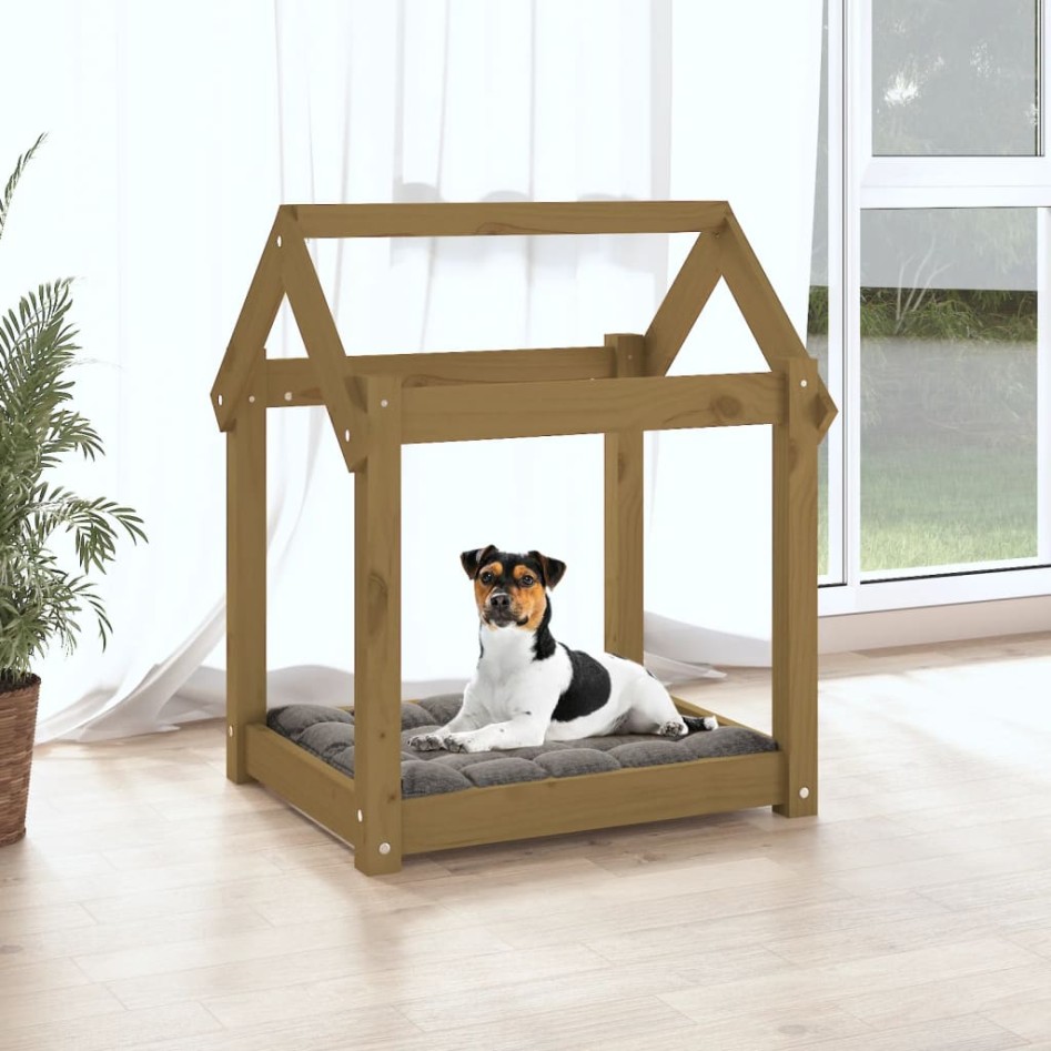 Cama para perros madera maciza pino marrón miel 61x50x70